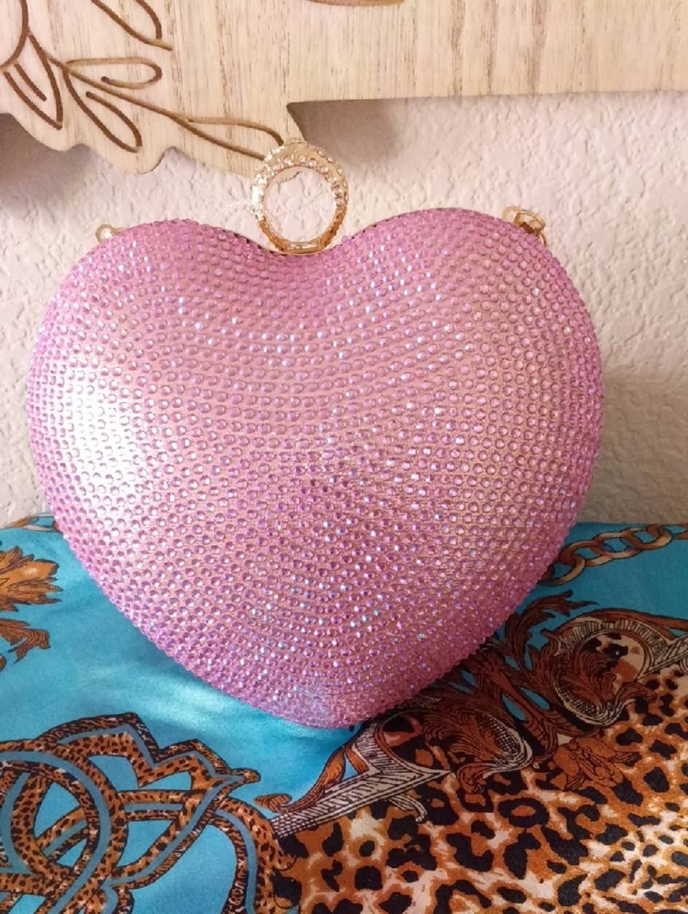 Pink Crystal Heart Clutch with Gold Ring Accent